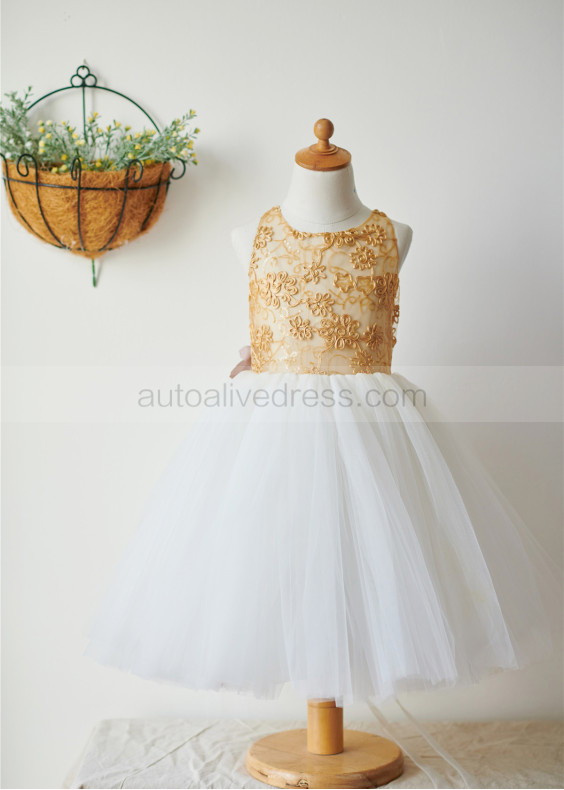 Gold Lace Ivory Tulle Corset Back Knee Length Flower Girl Dress Gold Lace Ivory Tulle Corset Back Knee Length Flower Girl Dress